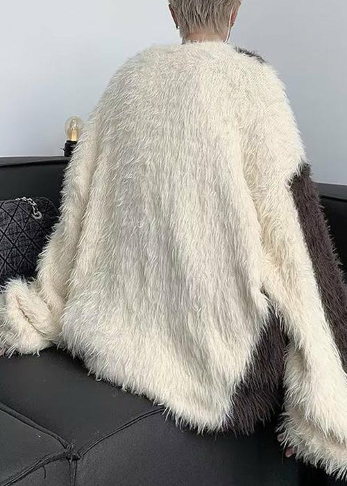 Französisch Beige O-Ausschnitt Patchwork Nerz Samt Herren Pullover Winter RC042