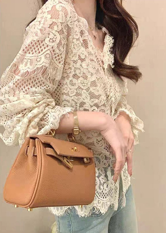 Hauts en dentelle boutonnés à volants et à volants de printemps, style français, ajouré, beige