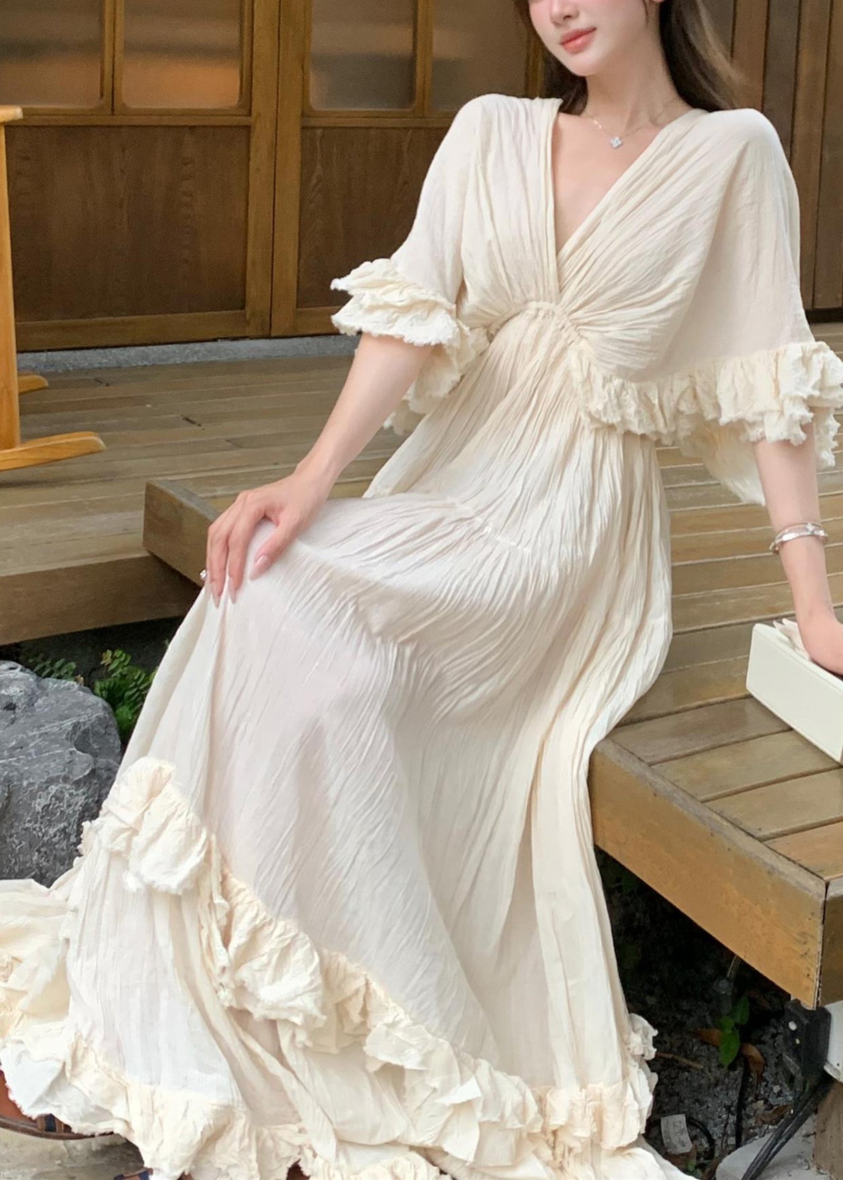 Robes en coton beiges d'été à volants patchwork longues françaises
