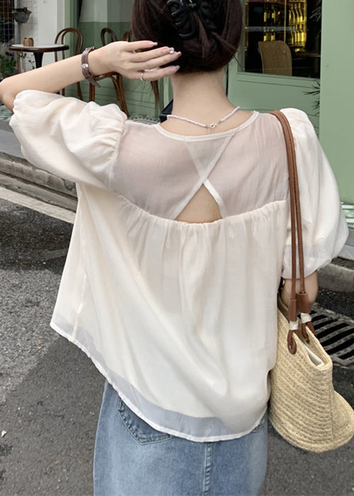 French Beige Square Collar Embroidered Shirts Puff Sleeve OP1046