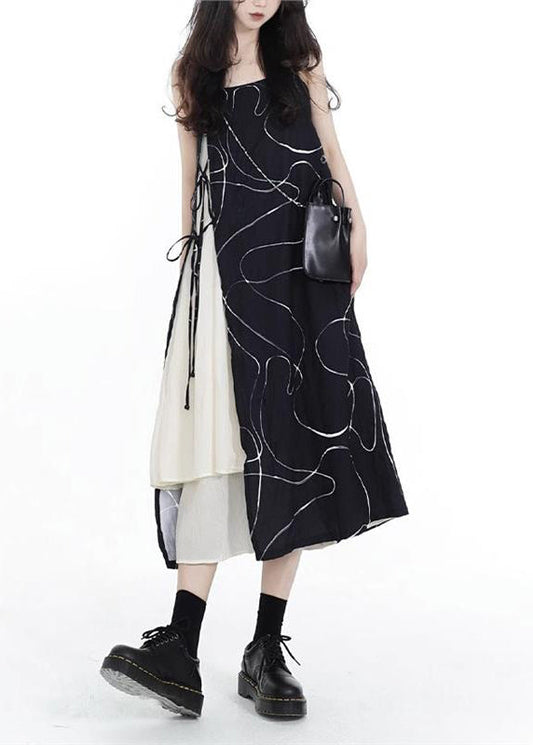 Haut en coton spaghetti dentelle asymétrique patchwork français noir