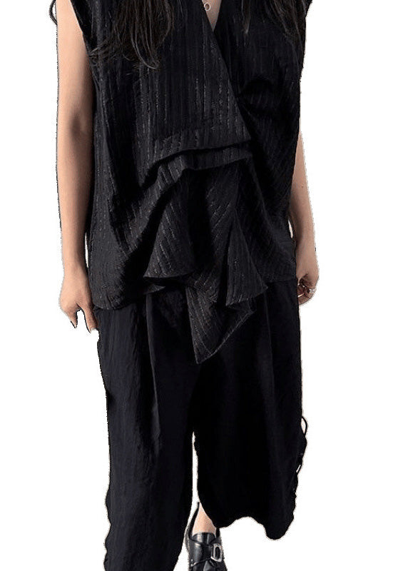 Ärmelloses asymmetrisches gestreiftes Tanktop aus Baumwolle Schwarz French