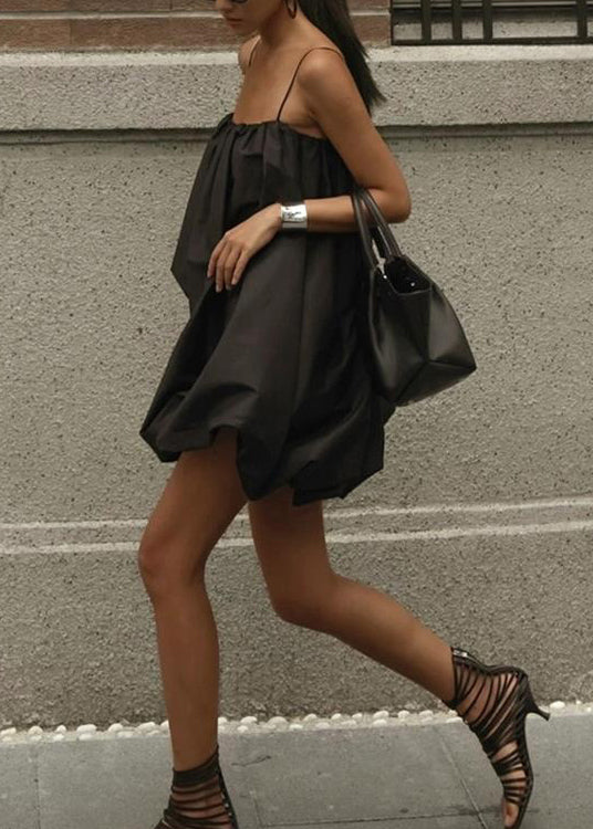 Baumwolle Französisch Kleid Sommer Strap Schwarz Spaghetti