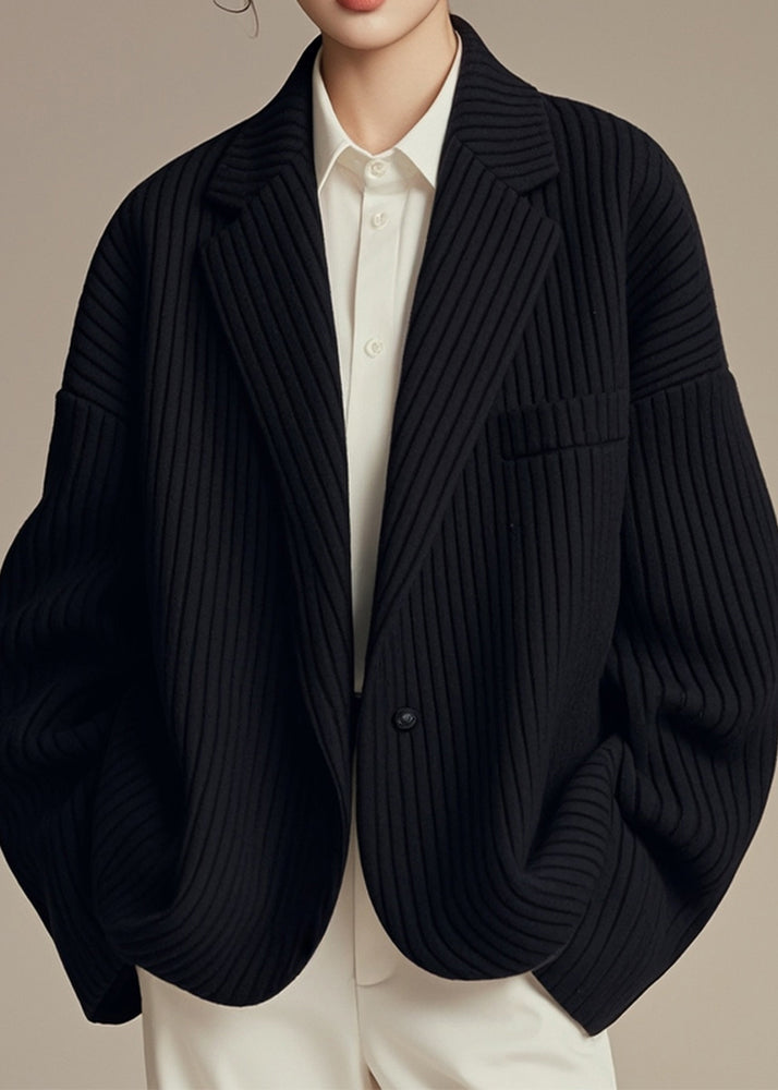 Französische schwarze gekerbte gestreifte Knopf-Spandex-Mäntel Herbst ER003