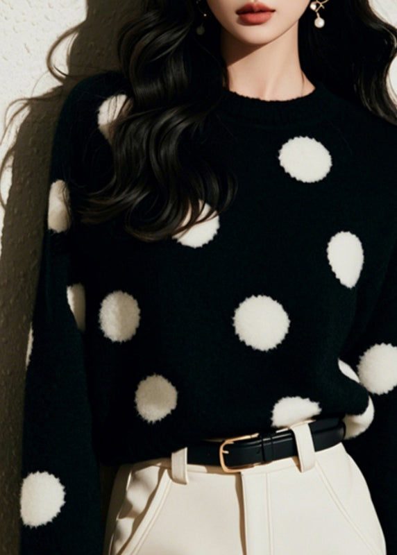 Pull en tricot de coton confortable noir à col rond et imprimé pois, printemps TO037