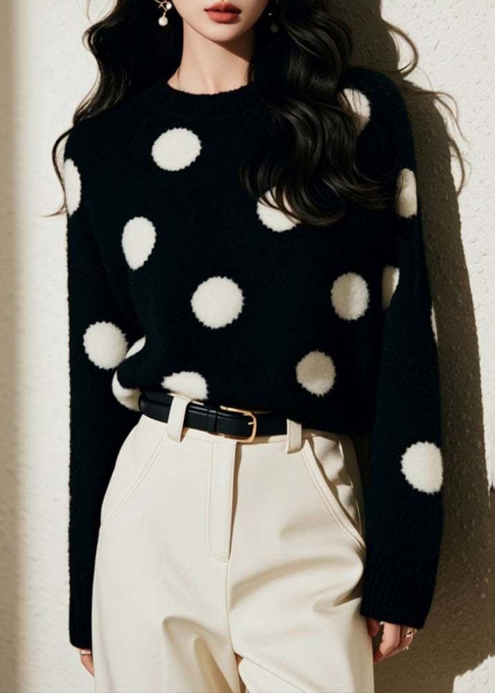 Pull en tricot de coton confortable noir à col rond et imprimé pois, printemps TO037