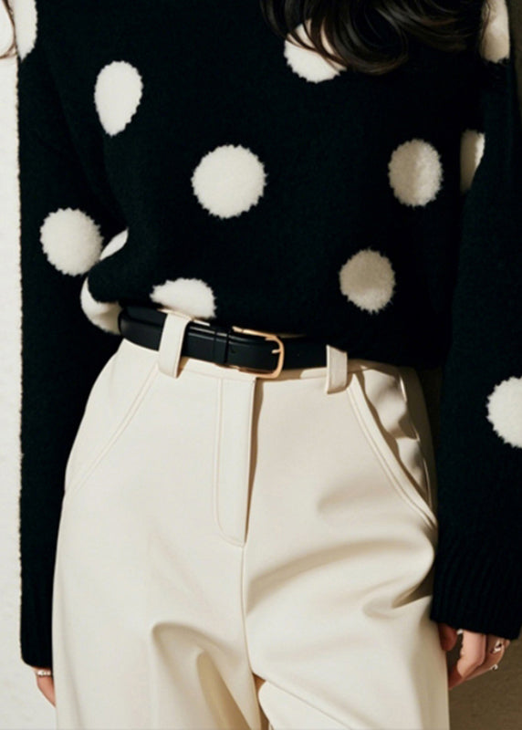 Pull en tricot de coton confortable noir à col rond et imprimé pois, printemps TO037