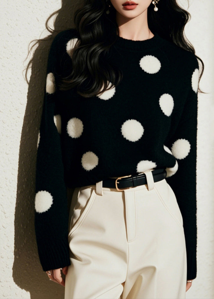 Pull en tricot de coton confortable noir à col rond et imprimé pois, printemps TO037