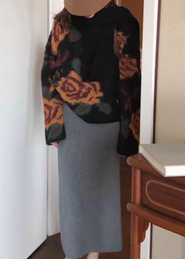 Französischer schwarzer O-Ausschnitt, florales Jacquard-Strickpullover, Tops, Frühling, TN027