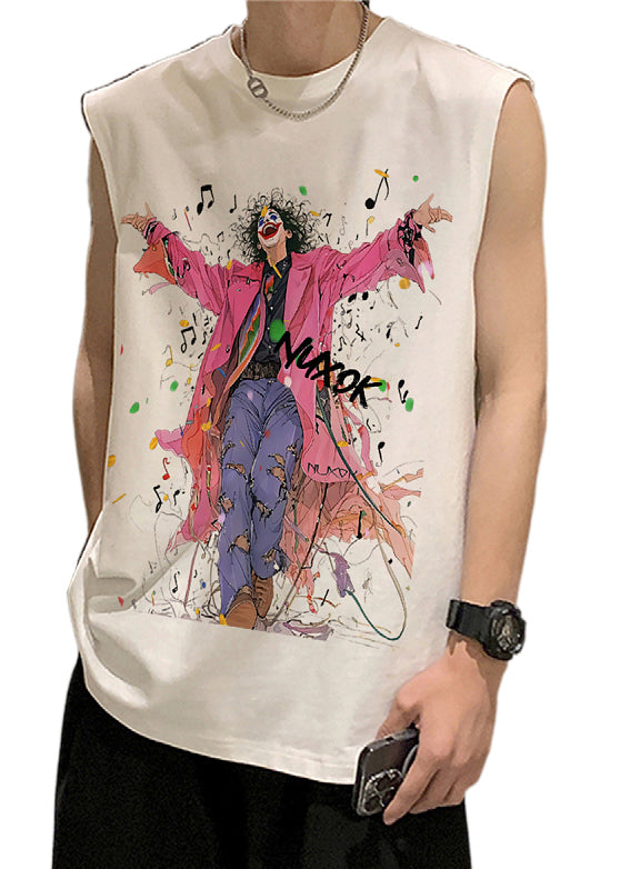Schwarze französische O-Ausschnitt ärmellose Herren Print Tanks Baumwolle
