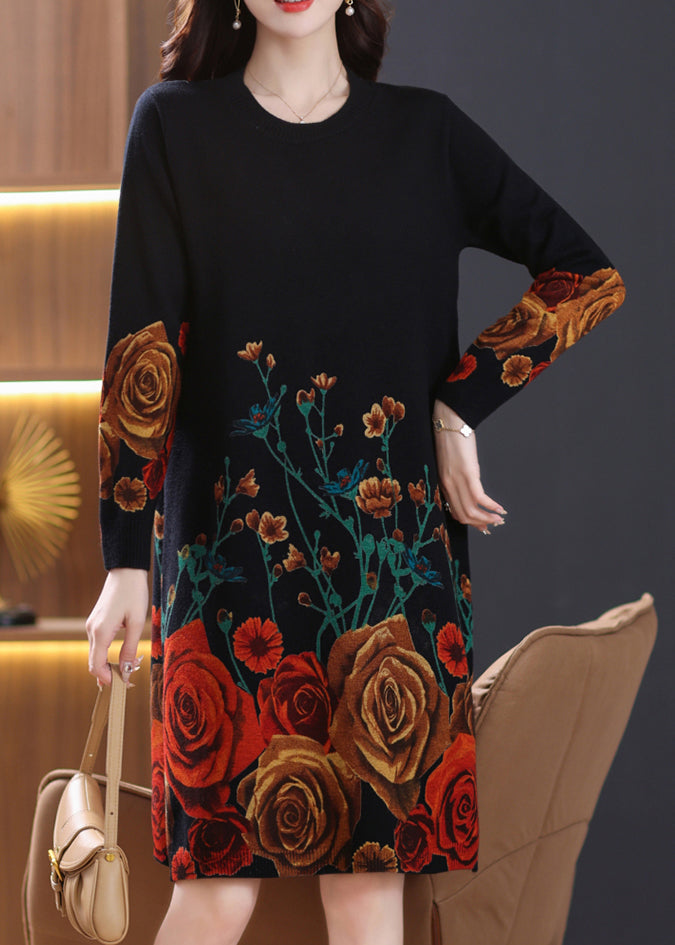 Robe en tricot de laine noire à col rond et imprimé, printemps TB013