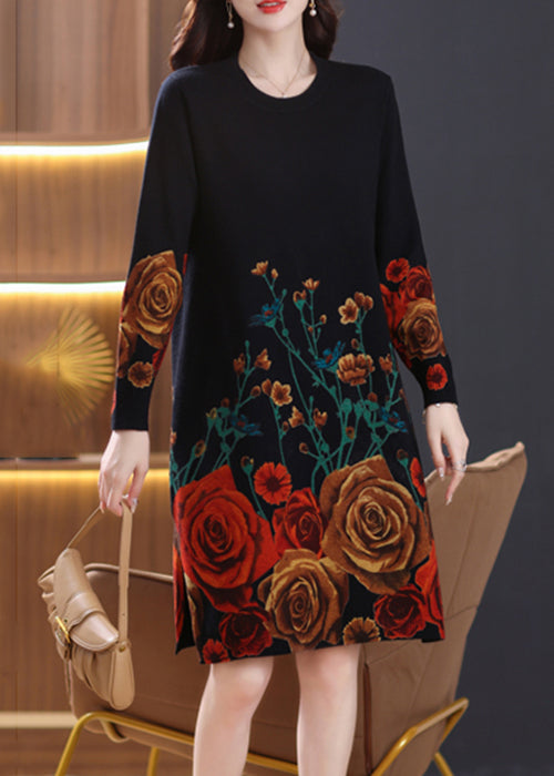 Robe en tricot de laine noire à col rond et imprimé, printemps TB013