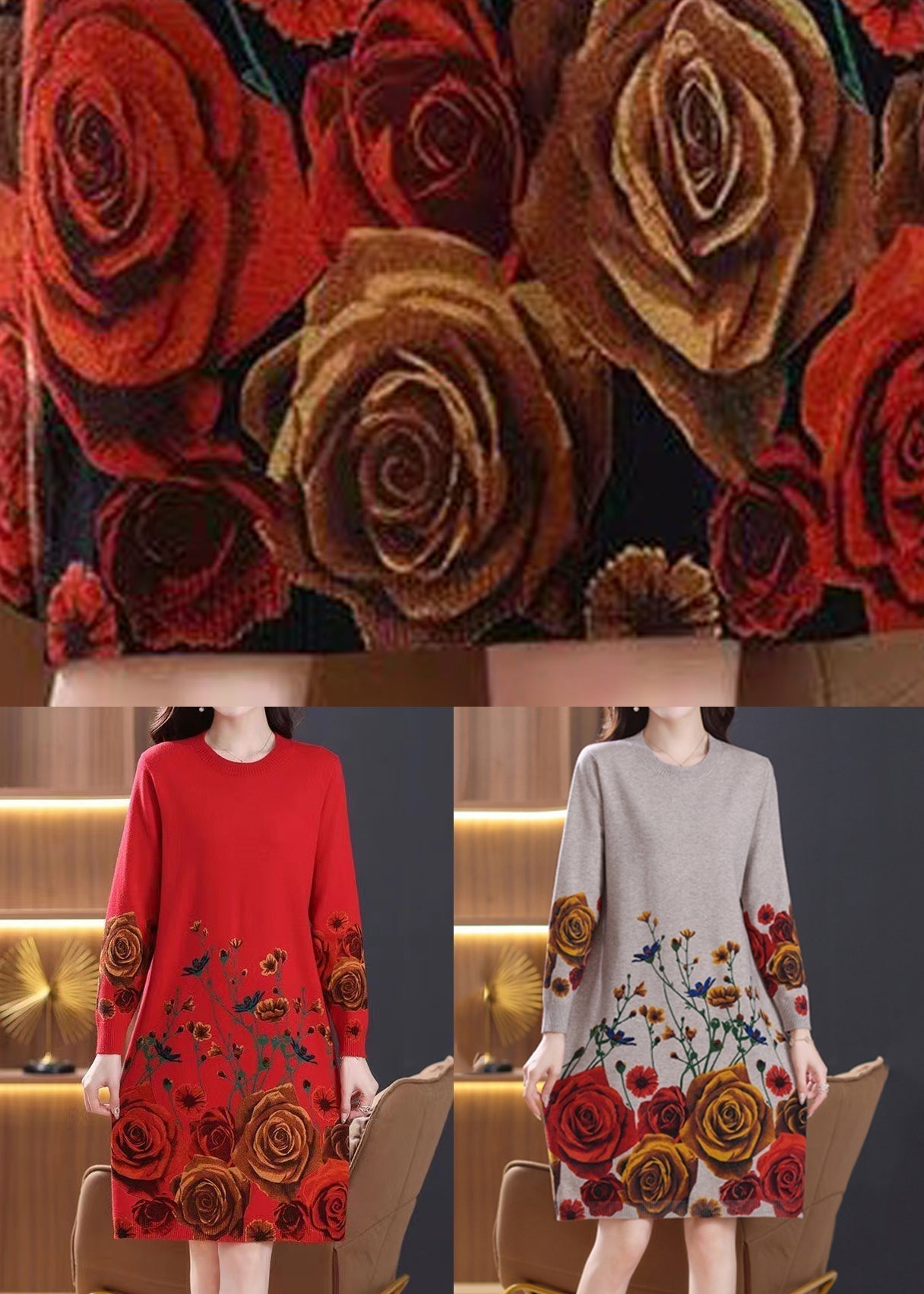 Robe en tricot de laine noire à col rond et imprimé, printemps TB013