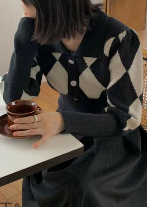 Französischer schwarzer Peter-Pan-Kragen-Strickpullover mit Karomuster, Herbst TU053