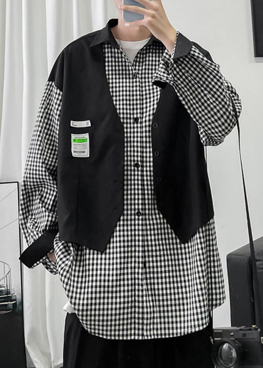 Deux chemises françaises en coton à carreaux pour hommes, patchwork de pièces noires