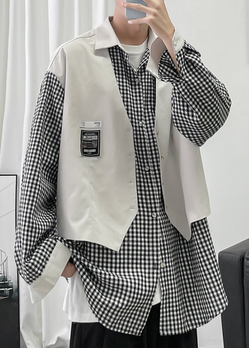 Deux chemises françaises en coton à carreaux pour hommes, patchwork de pièces noires