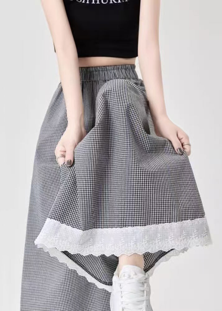 French Leg Lace Wide Cotton Patchwork Summer Pants Black Plaid