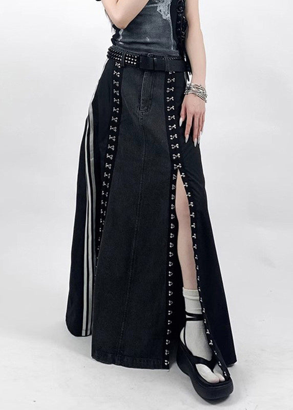 French Black Pockets Side Open Denim Patchwork Skirt Spring YJ008