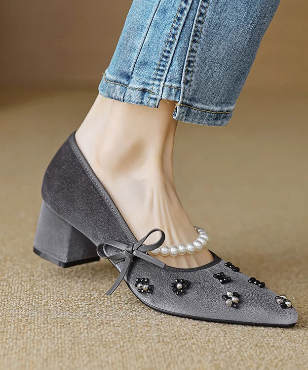 Escarpins à talons épais et bout pointu en velours noir français RX026