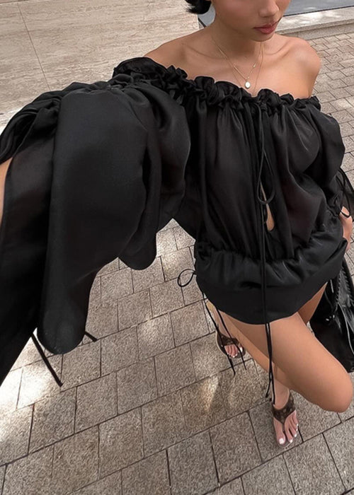 Französisches schwarzes Seidenkleid mit Rüschen und Schnürung, Frühling, YZ050