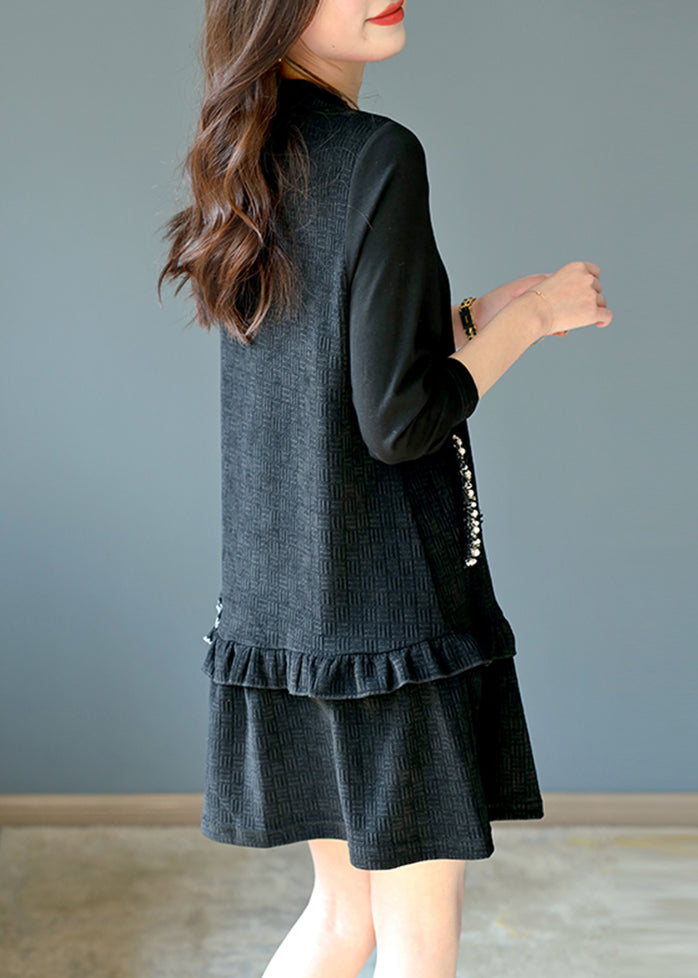 Französisches schwarzes Rüschenkleid mit Nagelperlentaschen, Frühling RL042