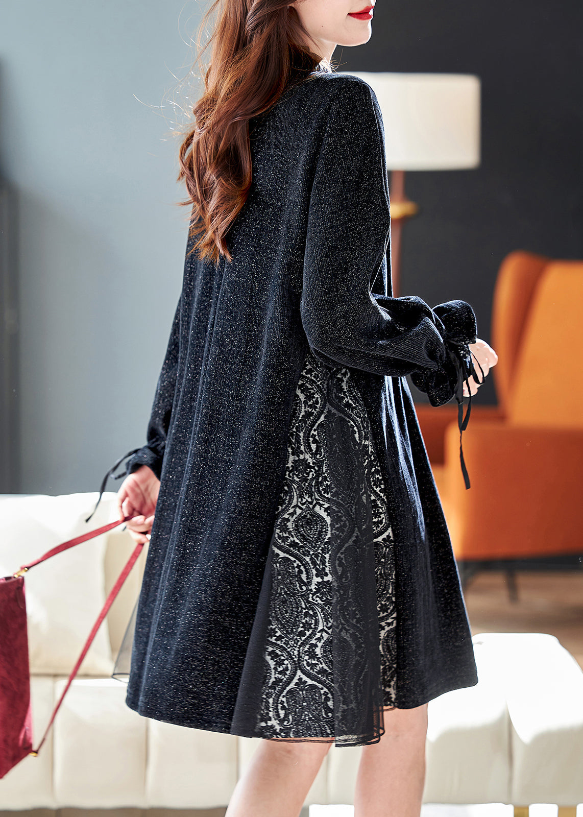 Französische schwarze Pailletten Tüll Patchwork Kleider Schmetterlingsärmel RL043