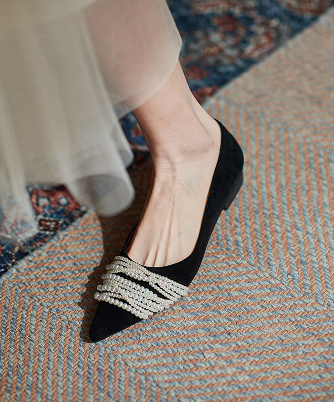 Nagel Wildleder Flache Schwarze Französisch Bead Toe Schuhe Spitz Spleißen