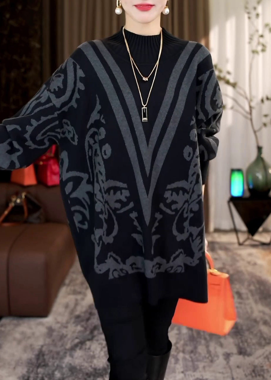 Französischer schwarzer Rollkragenpullover mit Fledermausärmeln, kuschelig, RF020