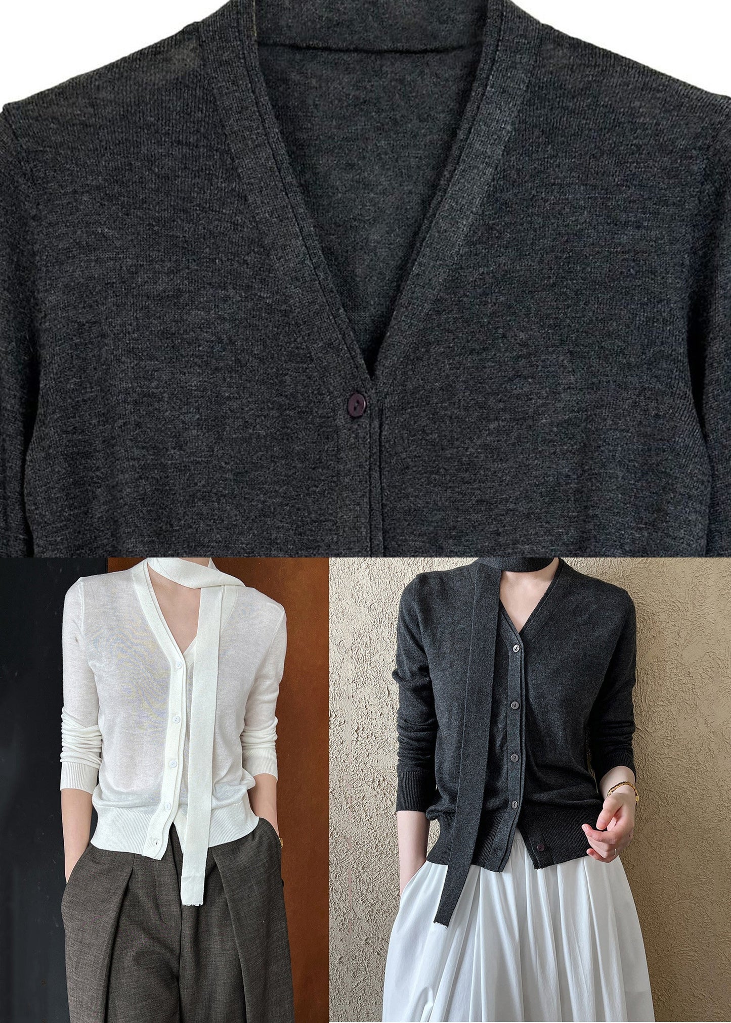 Französisches schwarzes V-Ausschnitt-Strickhemd mit langen Ärmeln QE059