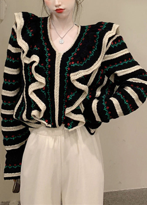 Pull en tricot noir français à col en V et volants ajourés, printemps TY024
