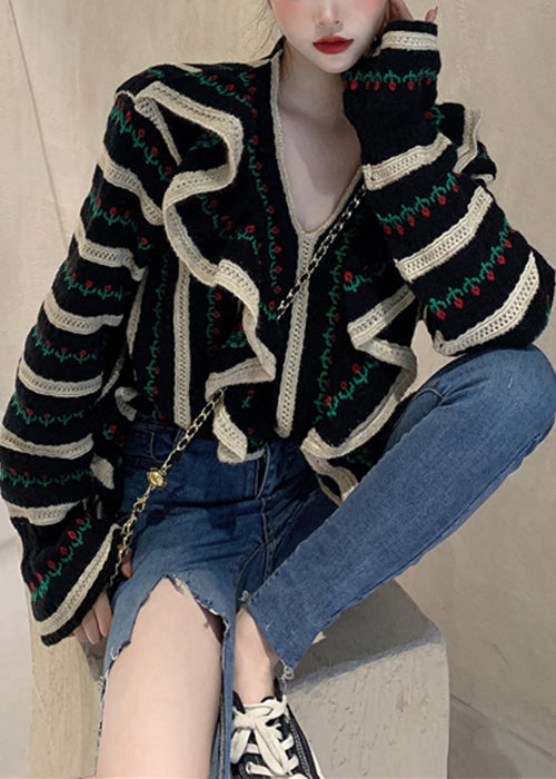 Pull en tricot noir français à col en V et volants ajourés, printemps TY024