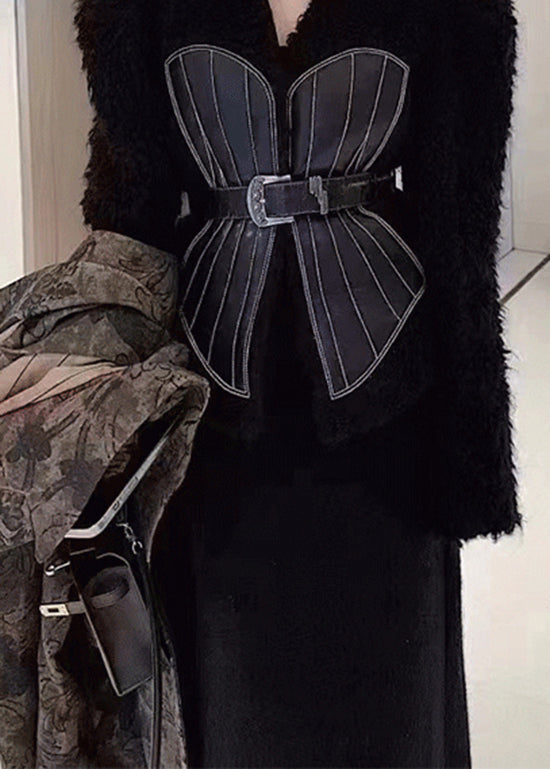 Französisch Schwarz V Hals Krawatte Taille Patchwork Leder Und Pelz Mäntel Frühling YY001