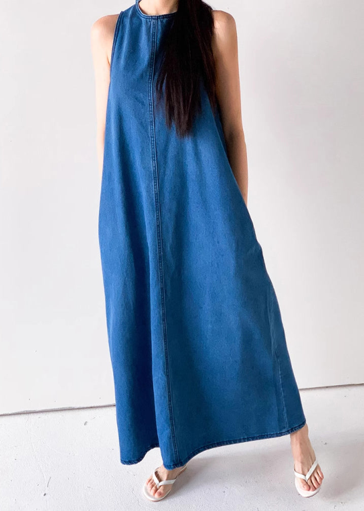 Blau Taschen Französisch Kleider Bis Spitze Denim Ärmellose Lange