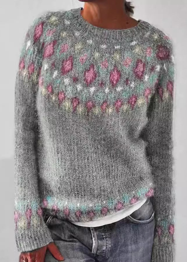 Französisch Blau O Neck Patchwork Strick Pullover Herbst QA011