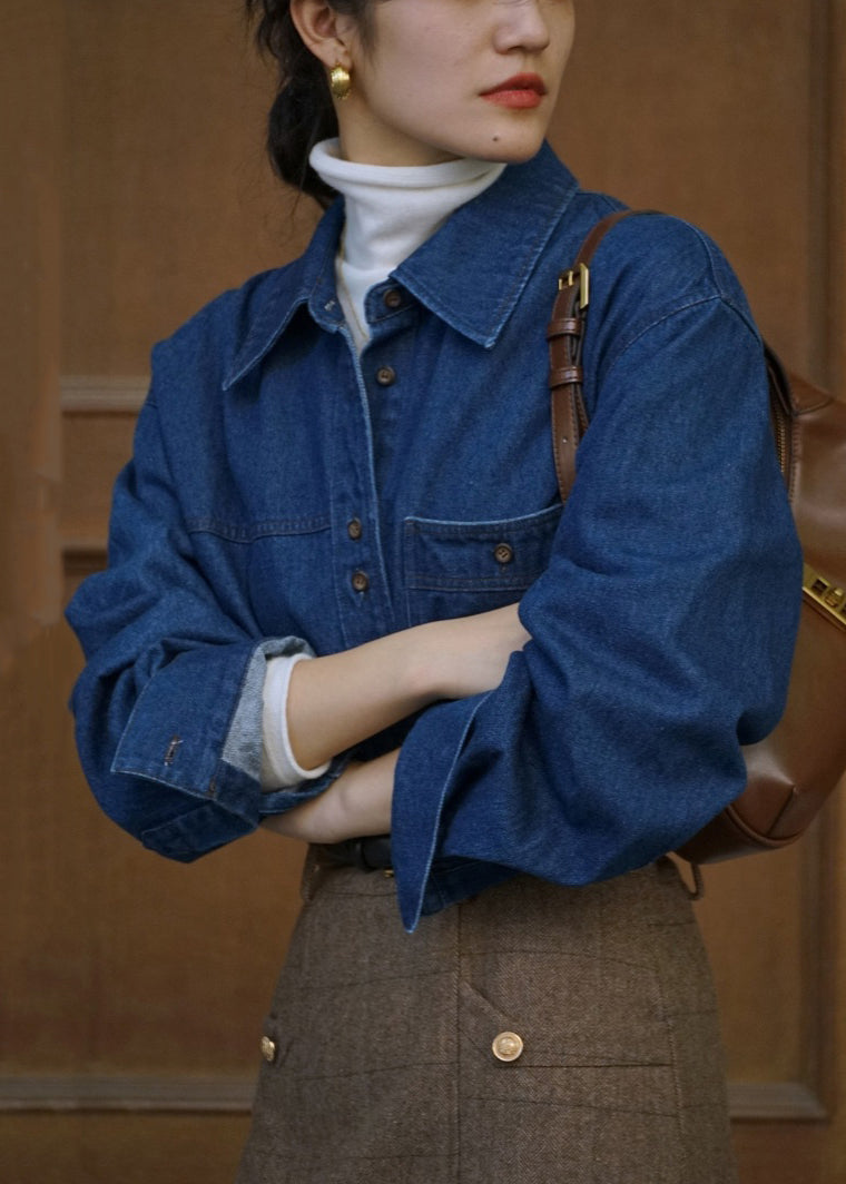 Chemises en jean bleu français à col Claudine et poches boutonnées Automne TU005