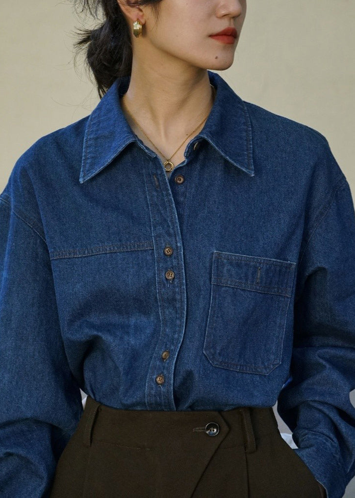Chemises en jean bleu français à col Claudine et poches boutonnées Automne TU005