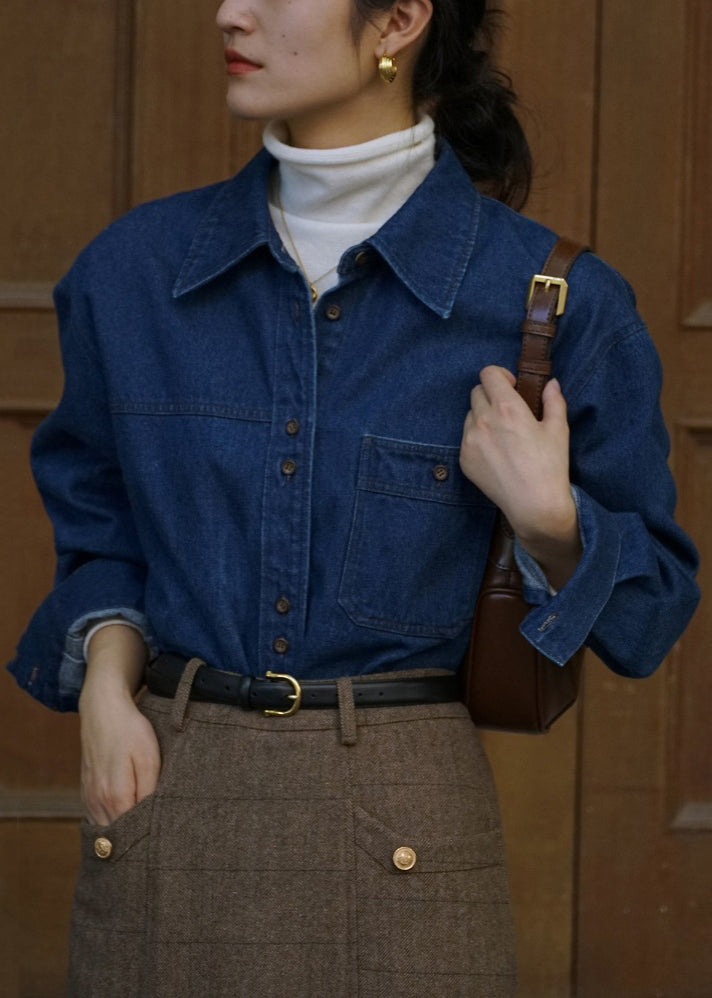 Chemises en jean bleu français à col Claudine et poches boutonnées Automne TU005