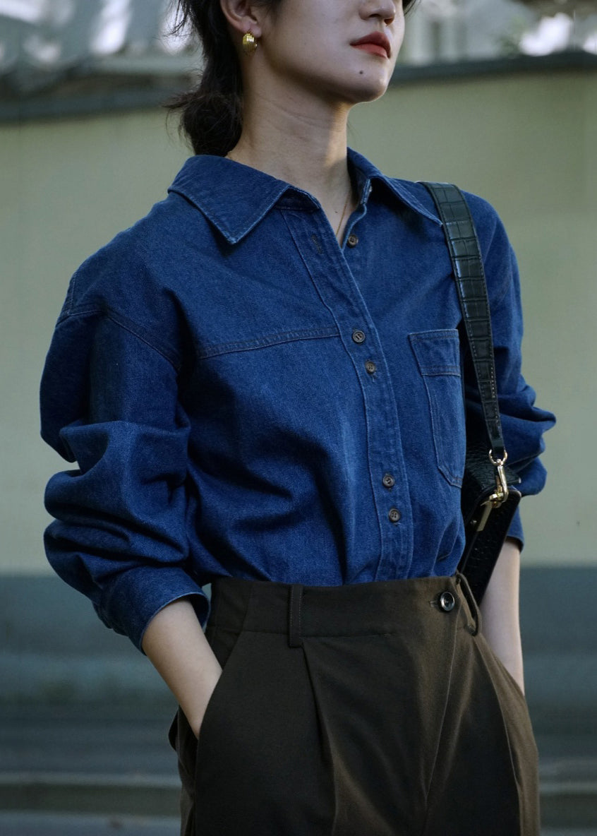 Chemises en jean bleu français à col Claudine et poches boutonnées Automne TU005