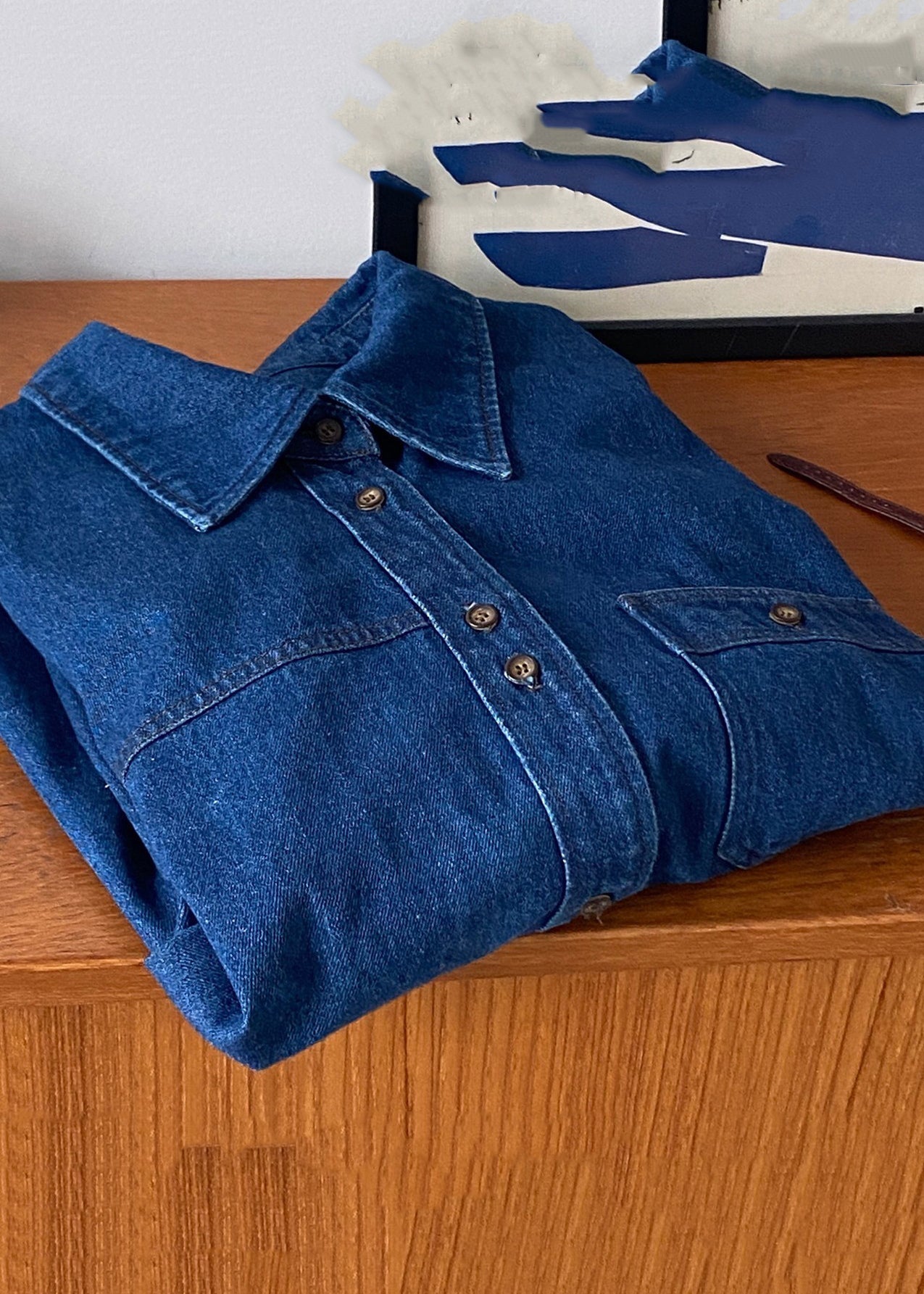 Chemises en jean bleu français à col Claudine et poches boutonnées Automne TU005