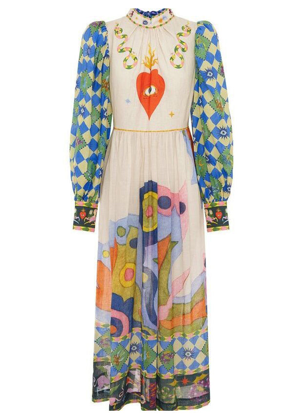 French Blue Print Lace Up Patchwork Cotton Dress Long Sleeve FF091