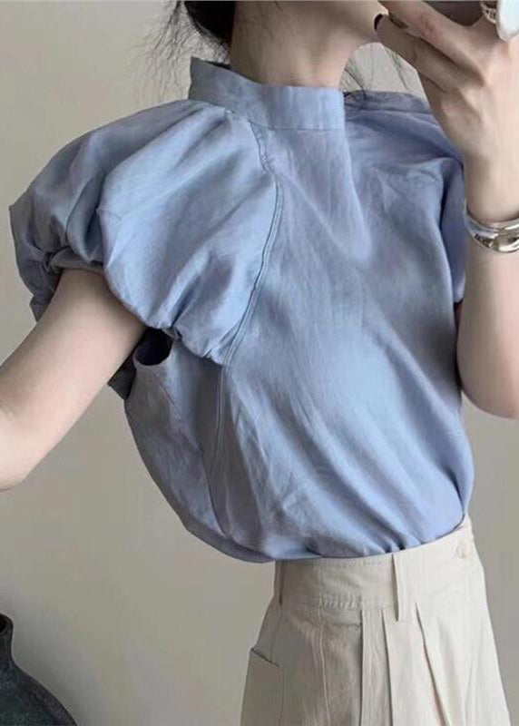 Französisches blaues Baumwoll-T-Shirt mit Puffärmeln AL1082