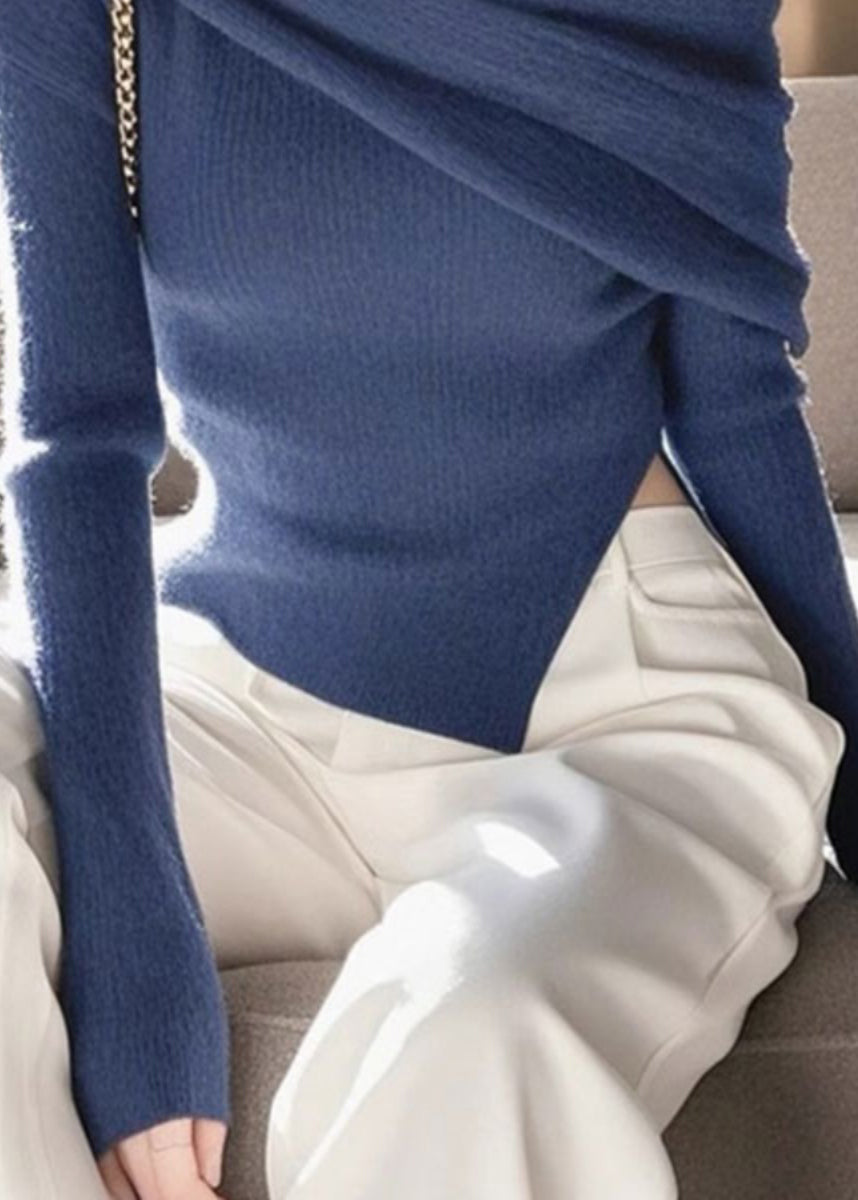 Französischer blauer asymmetrischer Strickpullover mit Schlitzausschnitt, Frühling TO016