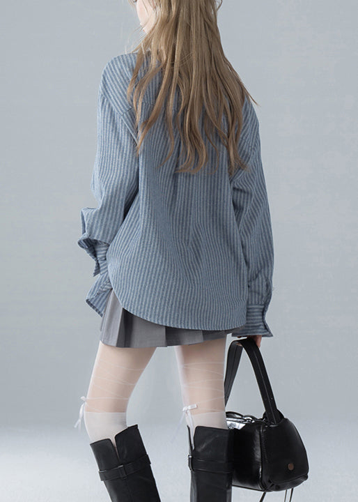 Chemises françaises de printemps bleues à nœud rayé en coton