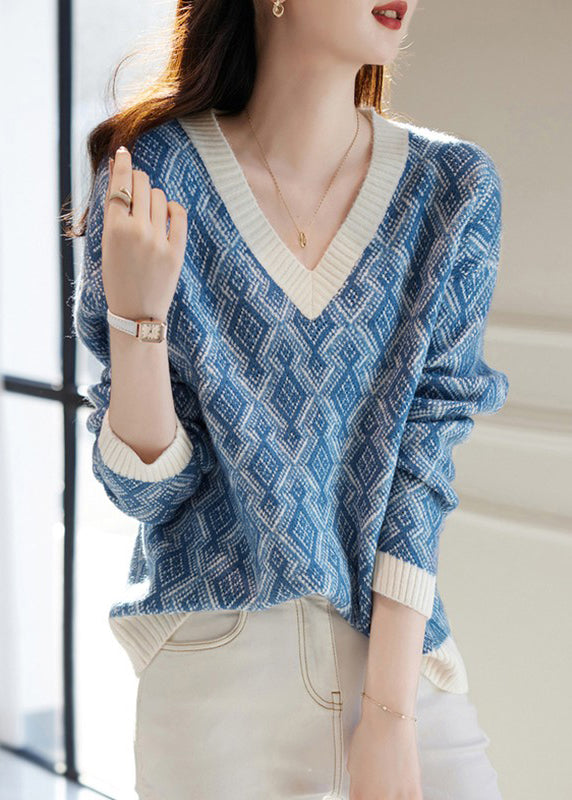 Französischer blauer V-Ausschnitt karierter gemütlicher Strickpullover Frühling TF011