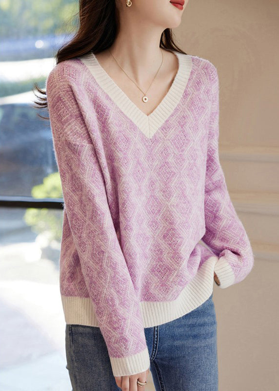 Französischer blauer V-Ausschnitt karierter gemütlicher Strickpullover Frühling TF011