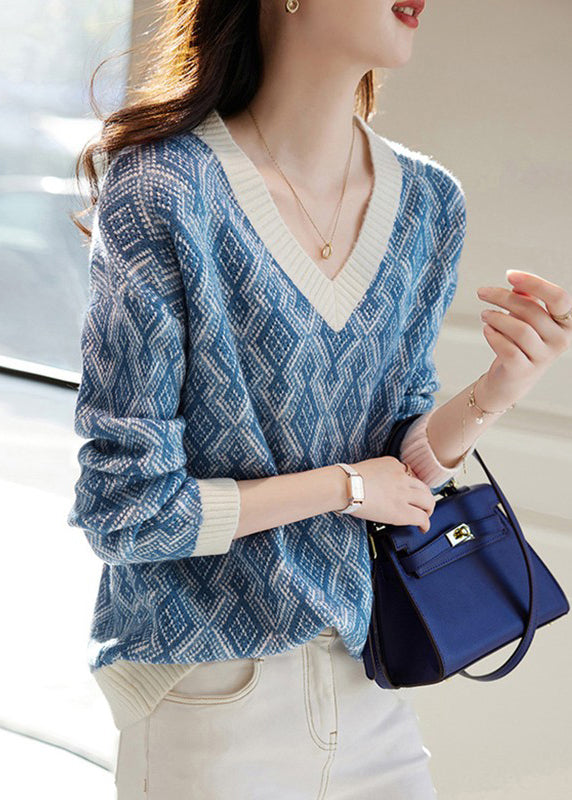 Französischer blauer V-Ausschnitt karierter gemütlicher Strickpullover Frühling TF011