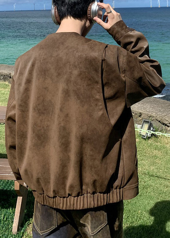 French Brown O Neck Lace Up Faux Wildleder Herren Mäntel Herbst WJ020