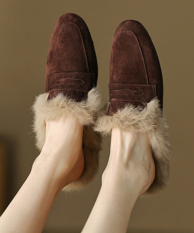French Brown Suede Splicing Slippers Shoes Fuzzy Wool Lined YC011