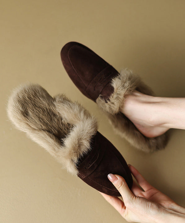 French Brown Suede Splicing Slippers Shoes Fuzzy Wool Lined YC011