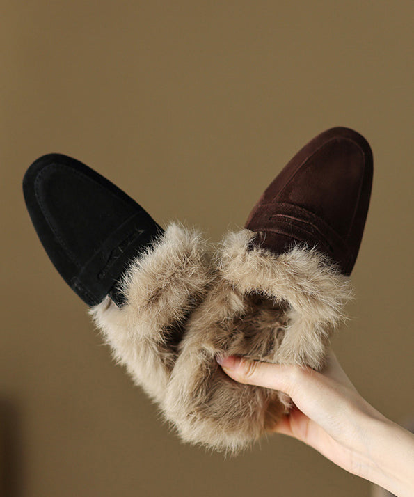 French Brown Suede Splicing Slippers Shoes Fuzzy Wool Lined YC011